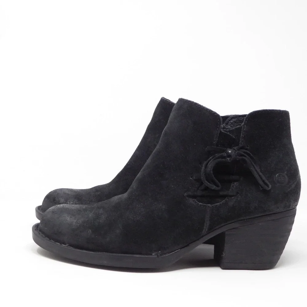 Born Bessie Women Ankle Boots Black Suede Leather Lace Up Side Zip F56903 Size 6